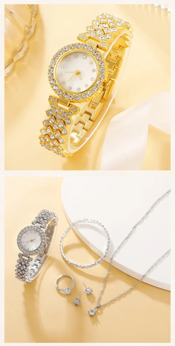 6PCS Set Luxury Watch Women Ring Necklace Earring Rhinestone Fashion Wristwatch Casual Ladies Watches Bracelet Set Clock