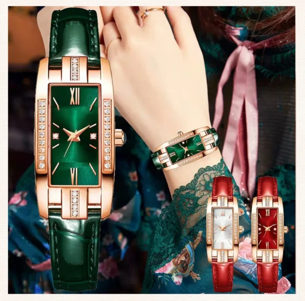 1 pcs Relógios das mulheres Moda Square Ladies Quartz Watch Bracelet Set Dial Verde Simples Couro Luxo Mulheres Relógios