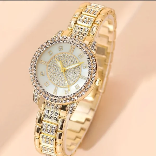 S2c2eb42a3a5348a39bc8474a24aea27bY.webp 1pc Casual Rhinestone Decor Quartz Watch Elegant Round Pointer Analog Wristwatch & 1pc Bracelet, Gift For Mom/Girlfriend