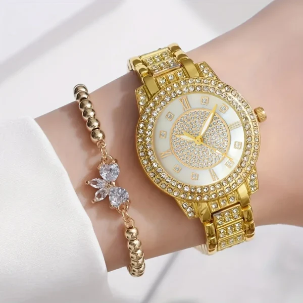 S41ea1dcd643a47699b14573c156cc40ez.webp 1pc Casual Rhinestone Decor Quartz Watch Elegant Round Pointer Analog Wristwatch & 1pc Bracelet, Gift For Mom/Girlfriend