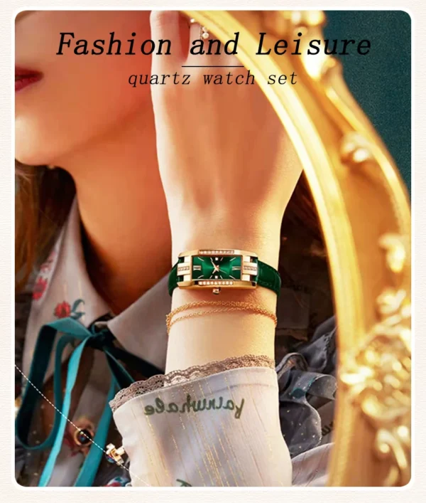 1 pcs Relógios das mulheres Moda Square Ladies Quartz Watch Bracelet Set Dial Verde Simples Couro Luxo Mulheres Relógios