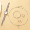 6PCS Set Luxury Watch Women Ring Necklace Earring Rhinestone Fashion Wristwatch Casual Ladies Watches Bracelet Set Clock
