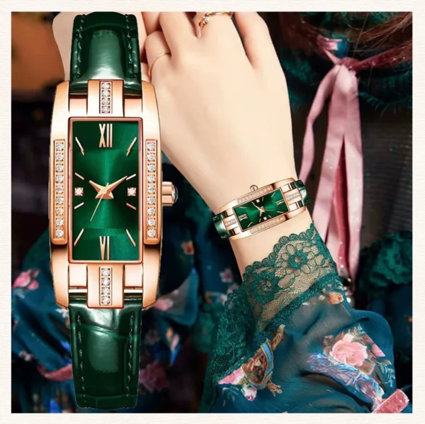 1 pcs Relógios das mulheres Moda Square Ladies Quartz Watch Bracelet Set Dial Verde Simples Couro Luxo Mulheres Relógios
