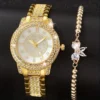 Sb1288076e1a144e6956a076e3a9d3325I.webp 1pc Casual Rhinestone Decor Quartz Watch Elegant Round Pointer Analog Wristwatch & 1pc Bracelet, Gift For Mom/Girlfriend