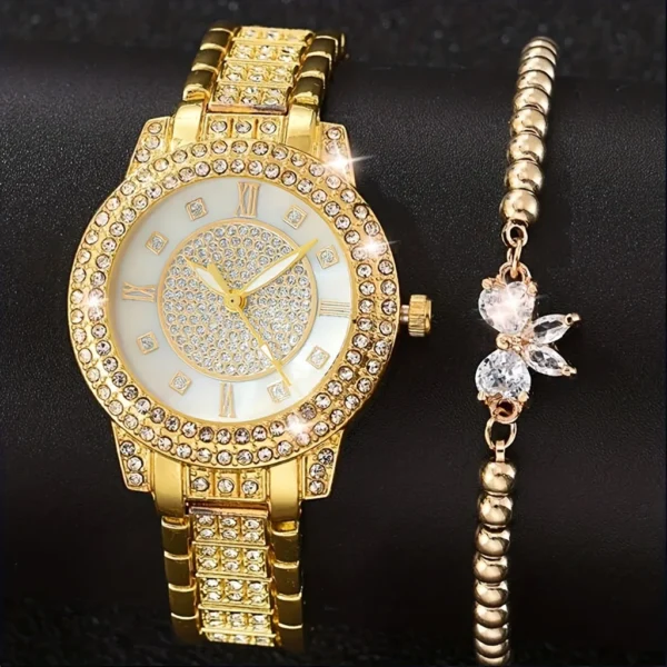 Sb1288076e1a144e6956a076e3a9d3325I.webp 1pc Casual Rhinestone Decor Quartz Watch Elegant Round Pointer Analog Wristwatch & 1pc Bracelet, Gift For Mom/Girlfriend