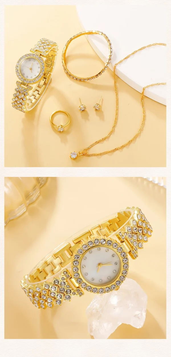 6PCS Set Luxury Watch Women Ring Necklace Earring Rhinestone Fashion Wristwatch Casual Ladies Watches Bracelet Set Clock