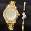 Se16e3a814aa344768f7b00743ef8901c6.webp 1pc Casual Rhinestone Decor Quartz Watch Elegant Round Pointer Analog Wristwatch & 1pc Bracelet, Gift For Mom/Girlfriend