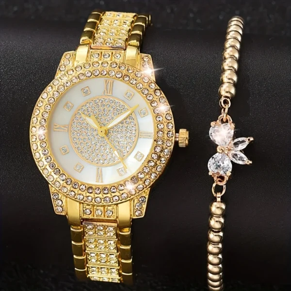 Se16e3a814aa344768f7b00743ef8901c6.webp 1pc Casual Rhinestone Decor Quartz Watch Elegant Round Pointer Analog Wristwatch & 1pc Bracelet, Gift For Mom/Girlfriend